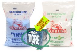 Gratis jabón Tigre azul 300 g comprando Tigresa Limón 1000 g y Tigresa Fuerza Azul 1000g