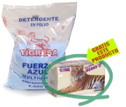 Gratis jabón Tigre blanco suave 250 g comprando Tigresa fuerza azul 1000 g referencia 3143